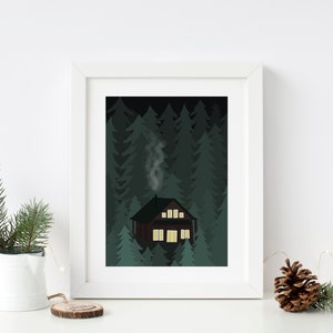 Log Cabin in the Woods, Digital Graphic Design, Cabin Illustration, Pacific Northwest Art, PNW