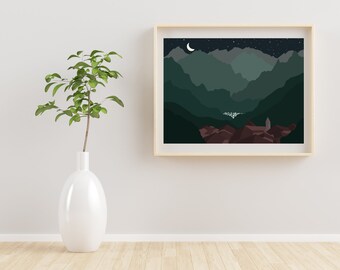 Mountain Village Digital Graphic Design, Swiss Alps Downloadable Art, Mountain Range, Switzerland Alps at Night Illustration