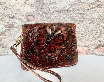 Handcrafted Leather Sling Bag for women Engraved Floral Design Coin Purse Card Wallet Party Wedding Travelling Carry Bag