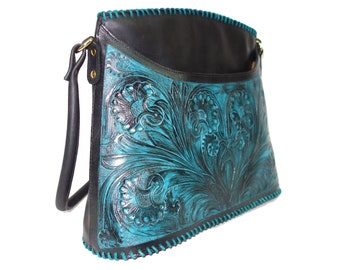 Handcrafted Genuine Leather Shoulder Bag Blue & Engraved Floral Design Tote Bag Purse For Women College Office Carry And Travelling