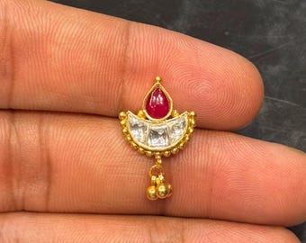 22K Gold Kundan Nose Ring: Indian Bridal Nath with Hanging Beads