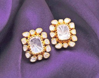 Handmade Sterling Silver Polki Earrings | Gold Plated Kundan Style Jewelry | Ethnic Wedding Studs