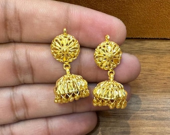 Indian Gold Jhumka Earrings, 22k Traditional Dangle (Lightweight)