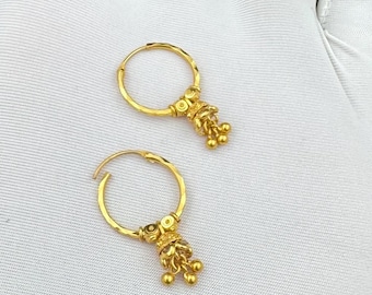 18K Gold  Indian Hoop Earrings | Handmade Small Gold Bali with Dangle | Ethnic Gold Earrings for Women & Girls | Lightweight Daily Wear