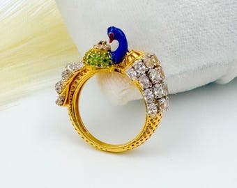 22K Gold Handmade Peacock Ring: Enamel & Cubic Zirconia Indian Jewelry