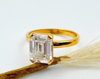 22k Gold Emerald Cut Moissanite Ring: GRA Certified Solitaire