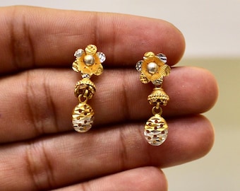 22k Gold Floral Earrings: Handmade Intricate Design Jewelry