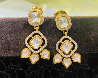 Gold Polish Sterling Silver Kundan Dangle Earrings: Handmade Wedding Jewelry