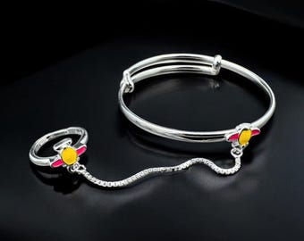 925 Sterling Silver Baby Kada with Attached Ring | Planet Design Kids Bracelet with Ring Set | Adjustable Silver Nazariya for Boys & Girls