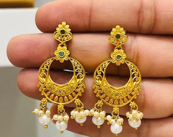Gold Plated Sterling Silver Chandelier Earrings: Handcrafted Pearl Indian Jewelry