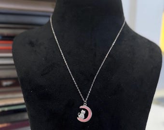 Sterling Silver Cat Moon Pendant Necklace: Dainty Chain Jewelry