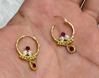22K Gold Hoop Earrings: Handmade Ruby & CZ Indian Jewelry