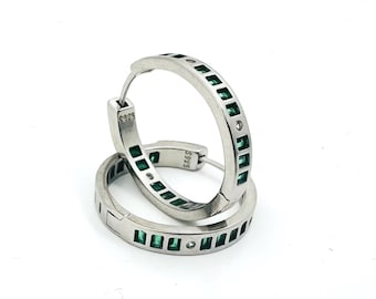 Sterling Silver Hoop Earrings with Emerald Green Baguette Stones and Crystal Accents
