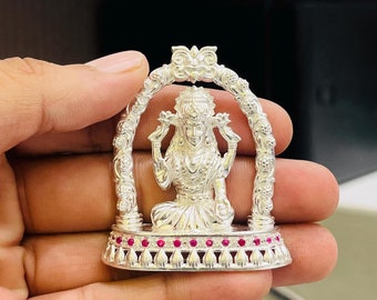 925 Silver Lakshmi Idol with Ruby-Like Stones: Divine Decor