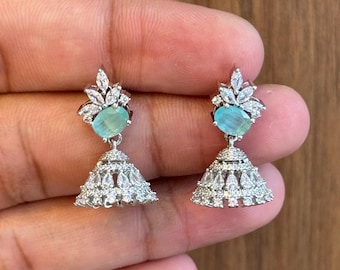 925 Silver Jhumka Earrings: Aqua Stone & CZ Indian Bridal Jewelry