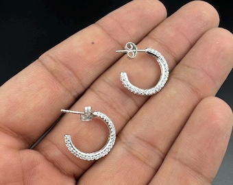 Sterling Silver Half Hoop Earrings with Sparkling CZ Stones – Elegant Classic Jewelry Gift for Women