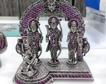 925 Silver Ram Darbar Idol: Oxidized Rama, Sita, Lakshman, Hanuman Statue with Ruby Stones