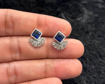 Sterling Silver Gemstone Fan Stud Earrings: Elegant 925 Jewelry