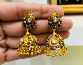 Sterling Silver Gold-Plated Jhumka Earrings with Green Stone Accents | Traditional Indian Dangle Earrings