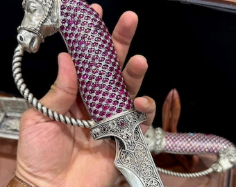 Handcrafted Antique Knife: 925 Sterling Silver Dagger with Ruby Stones & Elegant Horse Handle