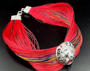 Silk Thread Bracelet with Silver Lion Head Charm – Handmade Multicolor Designer Wristwear Gift