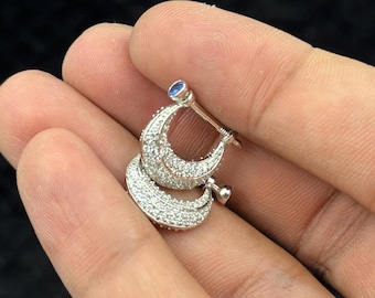 Unisex Silver Hoop Earrings | CZ Pave Design with Blue Stone Accent | Chic Minimalist Jewelry for Men & Women