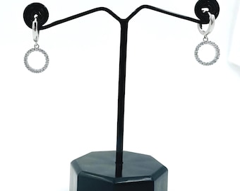 Sterling Silver Hoop Earrings with Sparkling CZ Circle Charms | Dainty Drop Earrings | Minimalist Silver Earrings for Women | Gift for Her