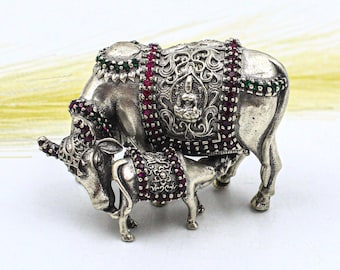 Kamdhenu Silver Cow Figurine - Indian Spiritual Home Decor