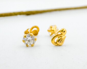 14K Gold Stud Earrings: 2-in-1 Swan & Solitaire Minimalist Set