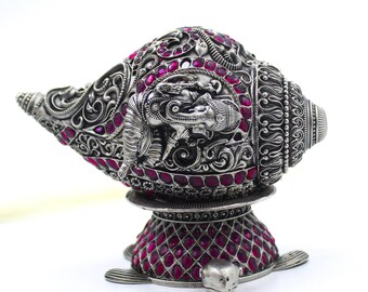925 Sterling Silver Shank Conch Shell | Handmade Indian Silver Shankh with Ruby Red Stones | Hindu Puja Decor Gift