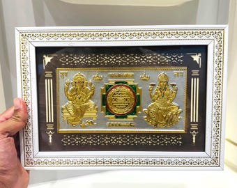 Silver Foil Lakshmi Ganesha Yantra Frame: Hindu Spiritual Decor