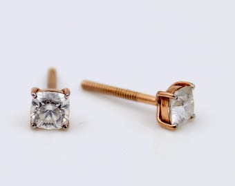Men’s Moissanite Stud Earrings 18K Rose Gold | Cushion Cut Screw Back Earrings | Minimalist Luxury Jewelry Gift for Him