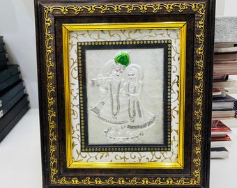 Handcrafted Radha Krishna Silver Frame: Spiritual Home Decor