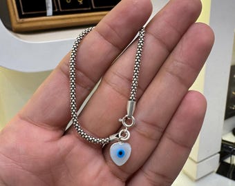 Silver Chain Bracelet: Heart Evil Eye Charm, Boho Protection Jewelry