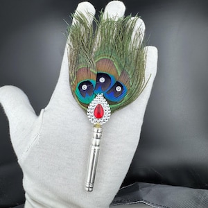 Pure Silver Peacock Feather with Gemstone – Handmade Krishna Mukut & Hindu Pooja Accessory, Spiritual Gift Mor Pankh Decoration