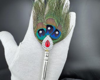 Pure Silver Peacock Feather with Gemstone – Handmade Krishna Mukut & Hindu Pooja Accessory, Spiritual Gift Mor Pankh Decoration