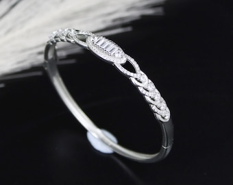 Sterling Silver Diamond Bangle Bracelet, Baguette Cut CZ (Women’s)