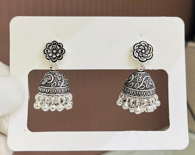 Featured listing image: Handcrafted Silver Oxidized Jhumka Earrings - Trendy Statement Jewelry