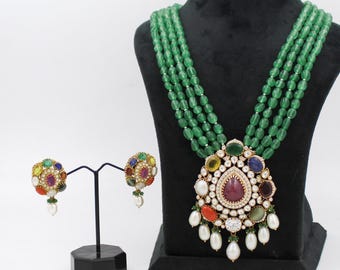 Navratan Necklace and Earrings Set, 18k Gold, Gemstones & Pearls (Traditional)