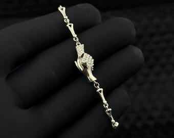 925 Sterling Silver Hand Bracelet: CZ Accents, Magnetic Clasp