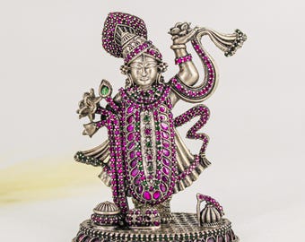 Krishna Idol, Silver-Tone with Pink Stones (Handcrafted Figurine)