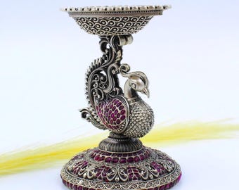 Peacock Diya Lamp: Handcrafted Silver with Ruby Embellishments (Vintage Style)