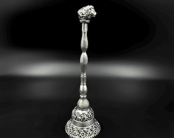 Sterling Silver Lion Head Pooja Bell: Handcrafted Indian Temple Ghanti