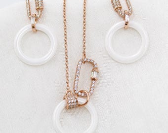 Sterling Silver Earrings and Necklace Set - Minimalist White Circle Design