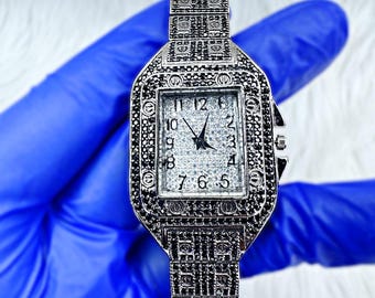 Iced-Out 925 Sterling Silver Watch: Vintage Square Dial Unisex Timepiece