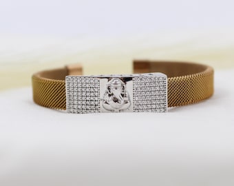 Lord Ganesha Charm Bracelet - Gold Mesh with Crystal CZ Accent