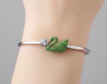 Swan Charm Bracelet: Silver with Green Leaf and Crystal (Adjustable)