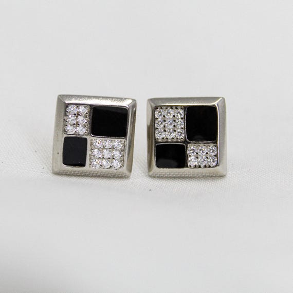 Square Stud Earrings for Women, Silver Tone Black & Crystal Checker Studs