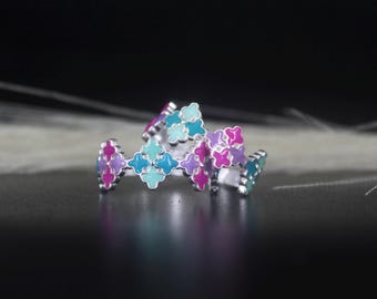 Colorful Floral Silver Toe Rings - Adjustable Handmade Pair