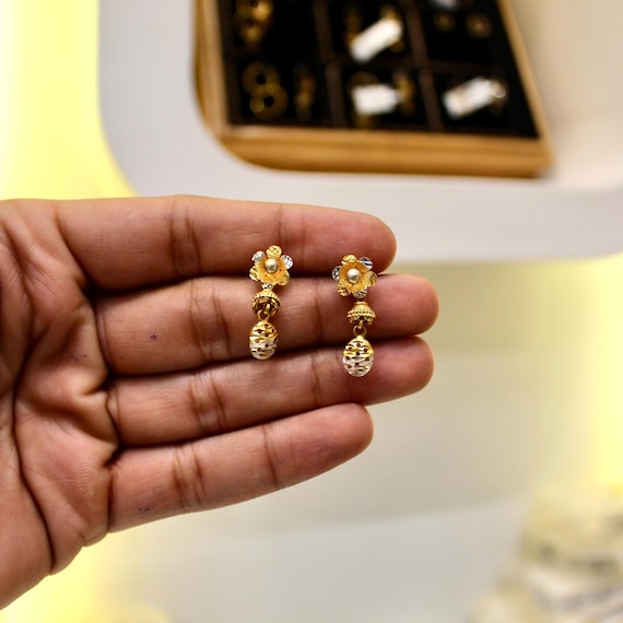 22k Gold Floral Earrings: Handmade Intricate Design Jewelry